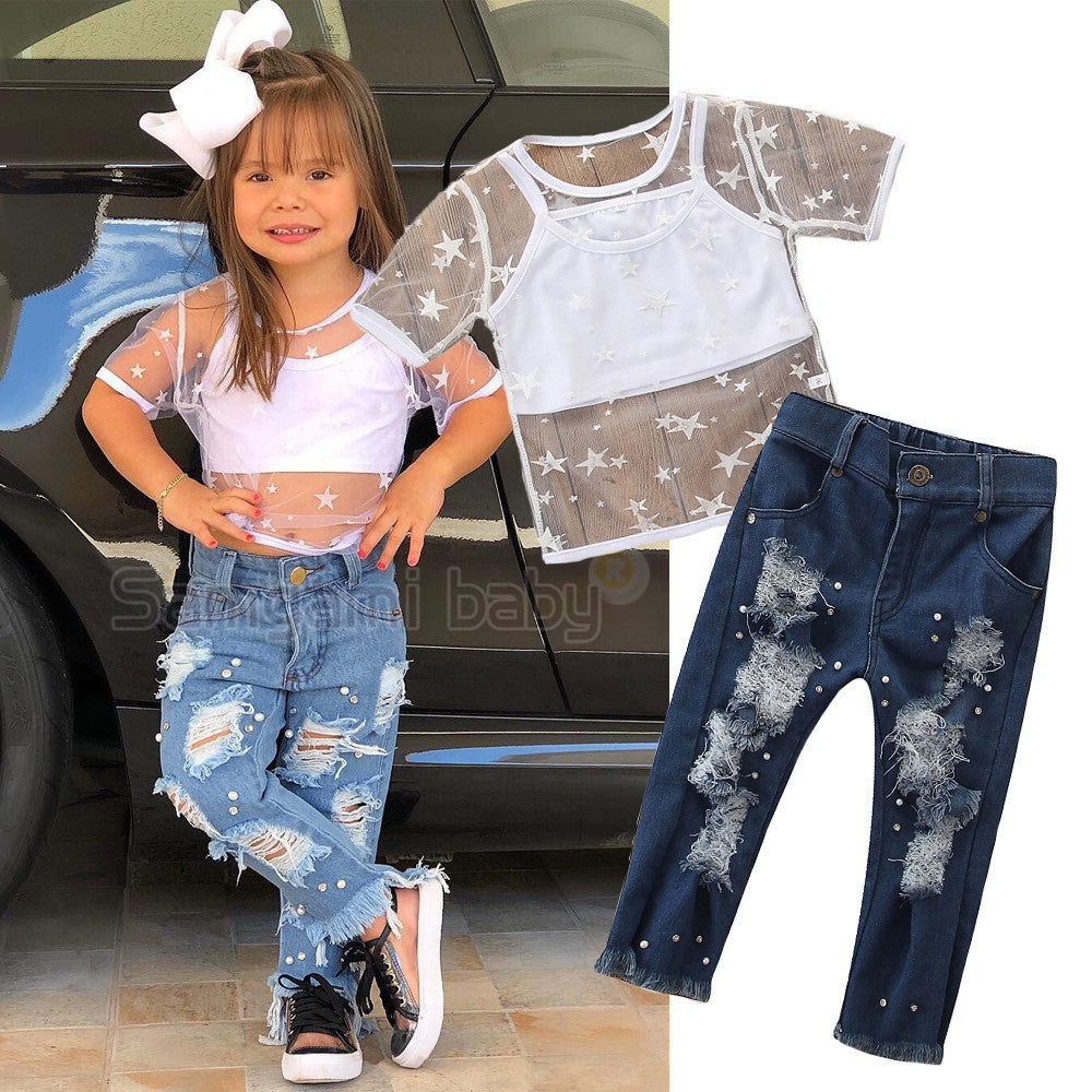 Girl Toddler Girls Short Sleeve Star T-shirt Tops Hole Denim pants pearl Jeans Girl 2pcs Clothing Set