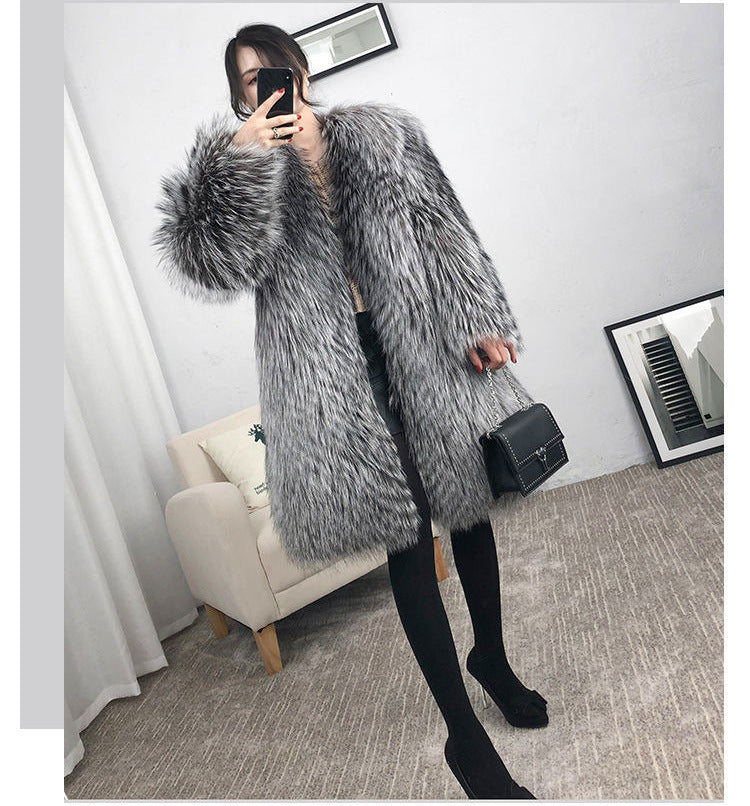 Woman’s coat Mid-length Fox Fur Faux Fur Coat Women's Warm Leisure Overcoat