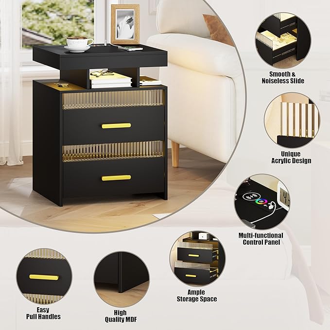 Nightstand With Charging Station And Led Lights, Night Stand With 2 Drawers, Wood Smart Bedside Table, Modern Bed Side Table