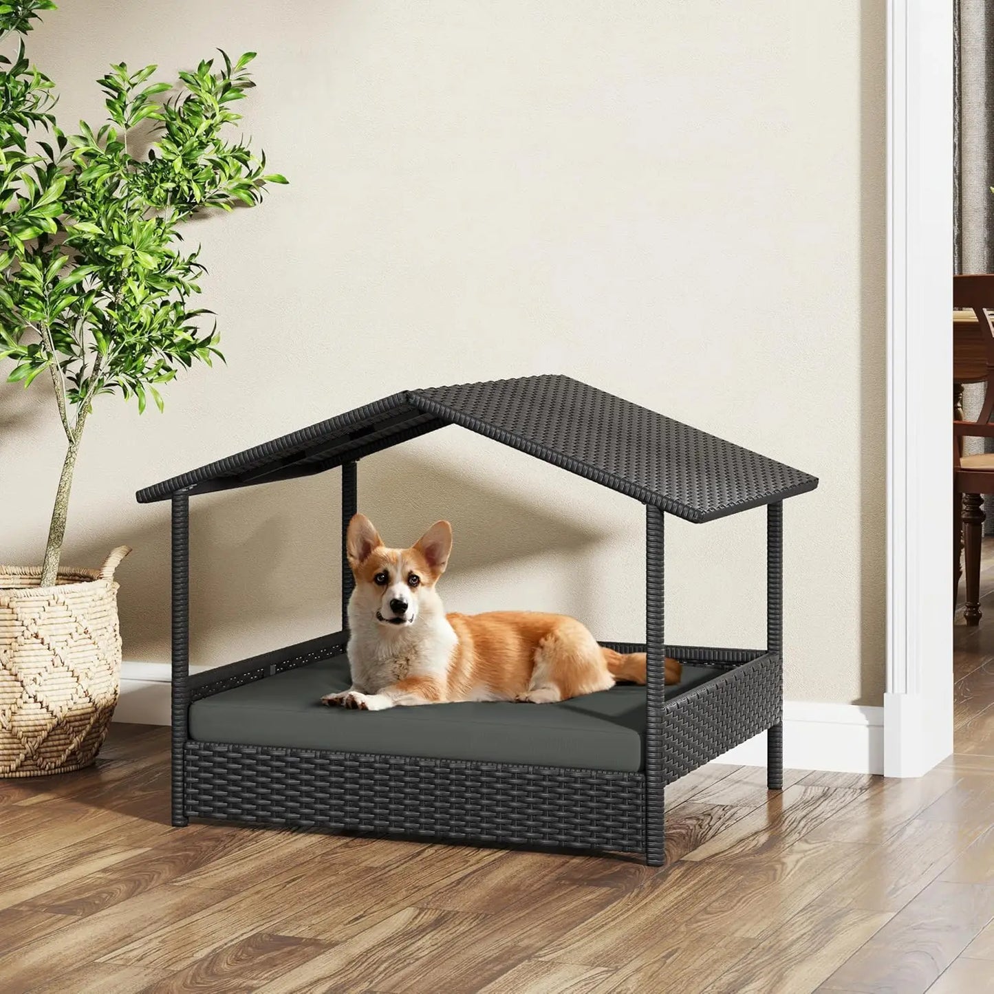 Wicker Dog House Outdoor Indoor with Canopy,Elevated Dog Shelter Dog Bed with Cushion for Small/Medium Dogs,Shade for Deck,Patio