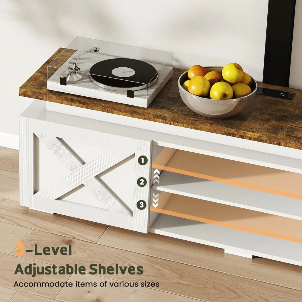 Farmhouse TV-Stand with Mount - 75 inch TV Stand with Led Light and Power Outlet, Entertainment Center Mount with 3 Height Adjus
