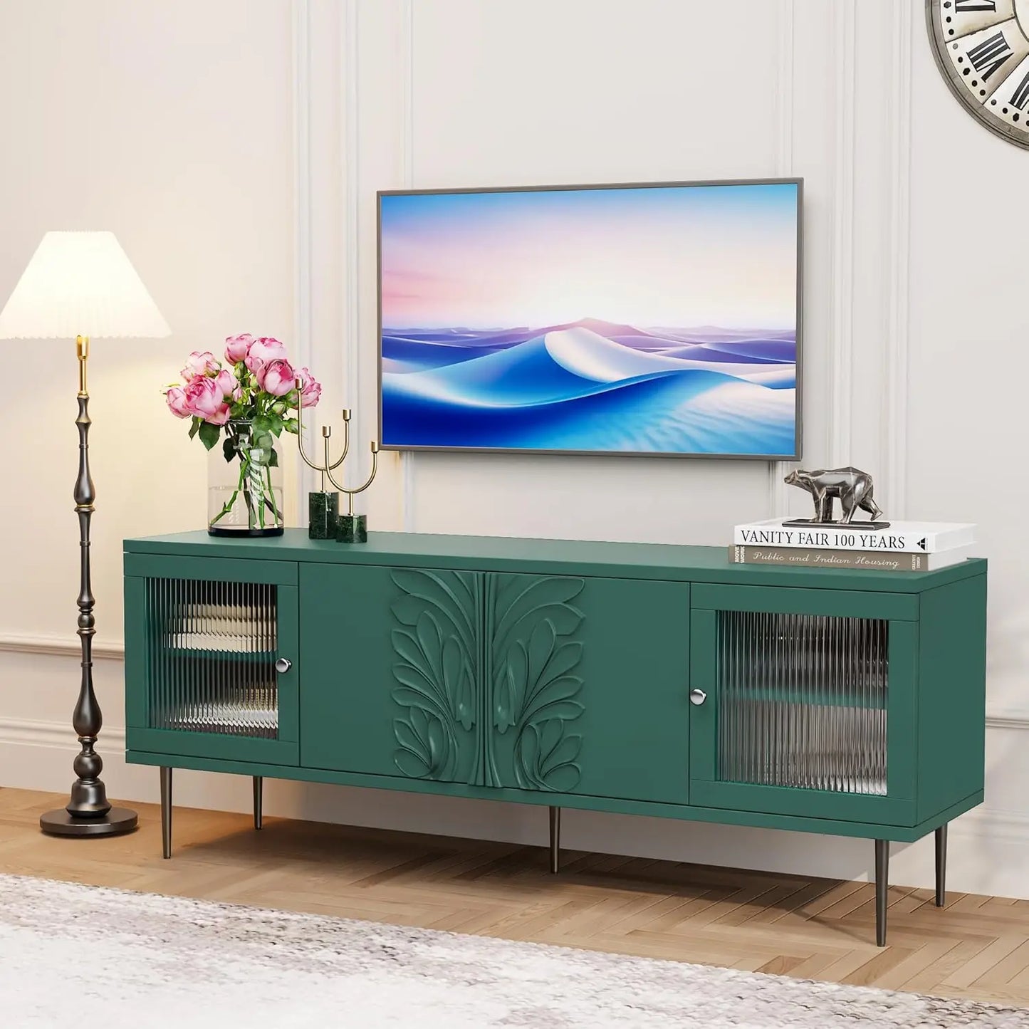 TV Stand for TVs up to 75 Inches, Mid Century Modern Entertainment Center with 3D Flower Pattern, Wood Media Console