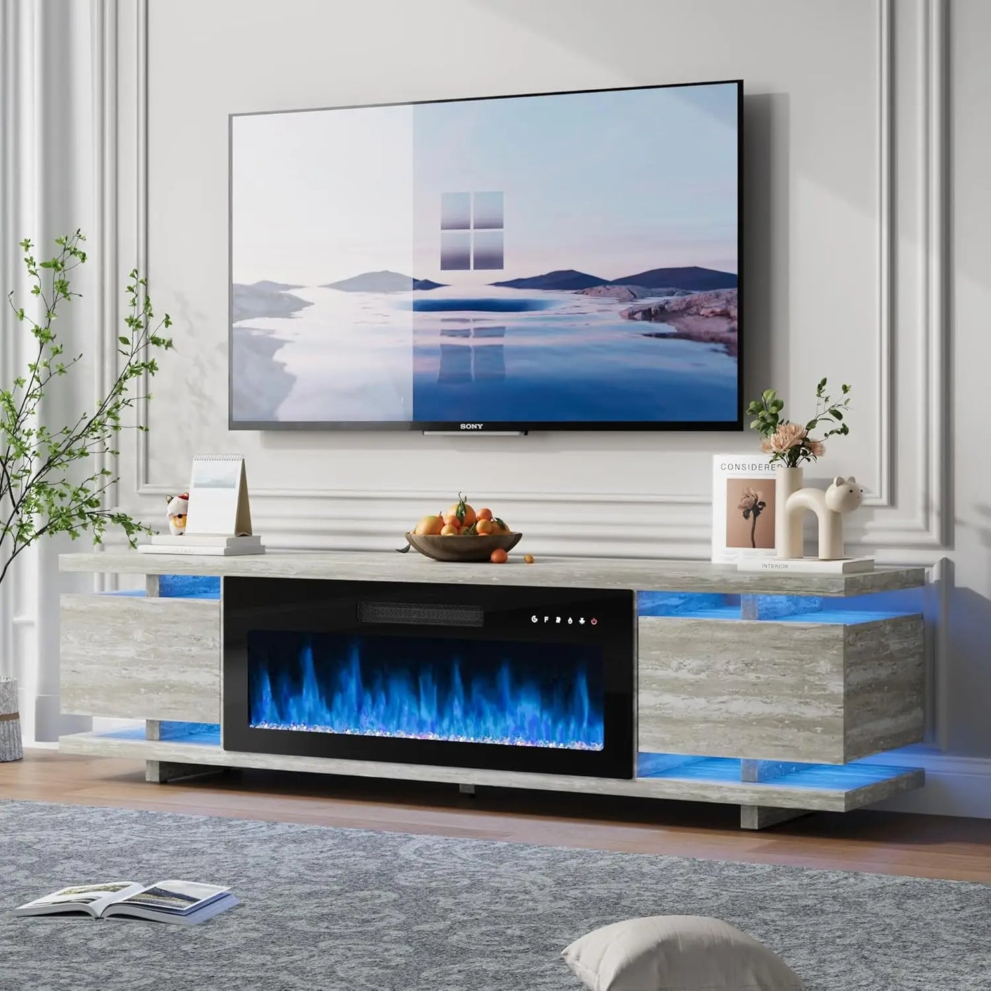 Fireplace TV Stand with 36" Electric Fireplace, LED Light Entertainment Center, TV Cabinet for TVs Up to 80", Modern Marble