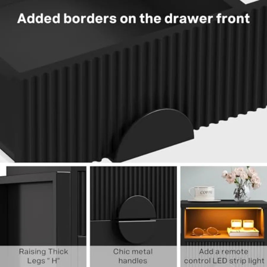 Fluted Nightstand with Charger Station Strip Lights Large 20.47 W Night Stand with 2 Drawers Accent Bed Side Table and End Tabl