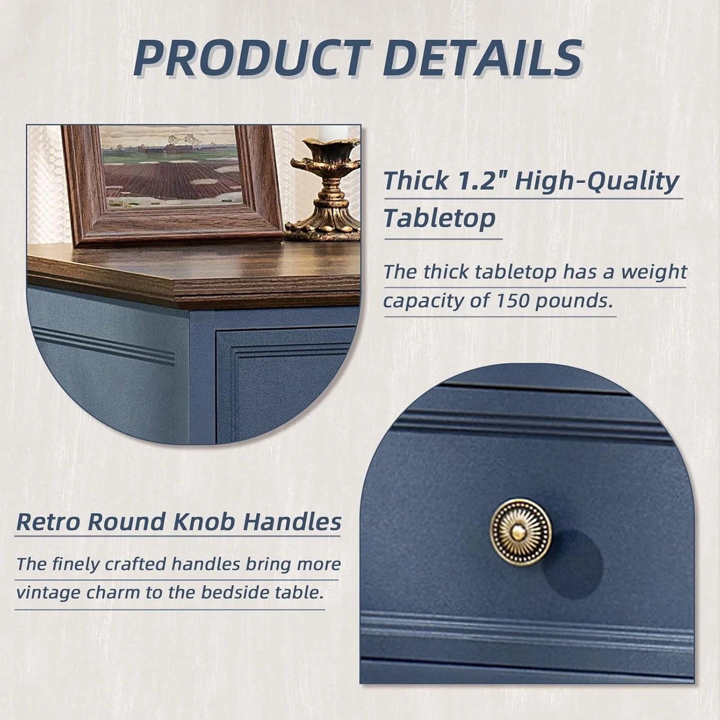 24" Wide Farmhouse Night Stand,Large End Table with 3 Drawers & Metal Handle,Navy Blue Dresser for Bedroom, Wood Bed Side Table