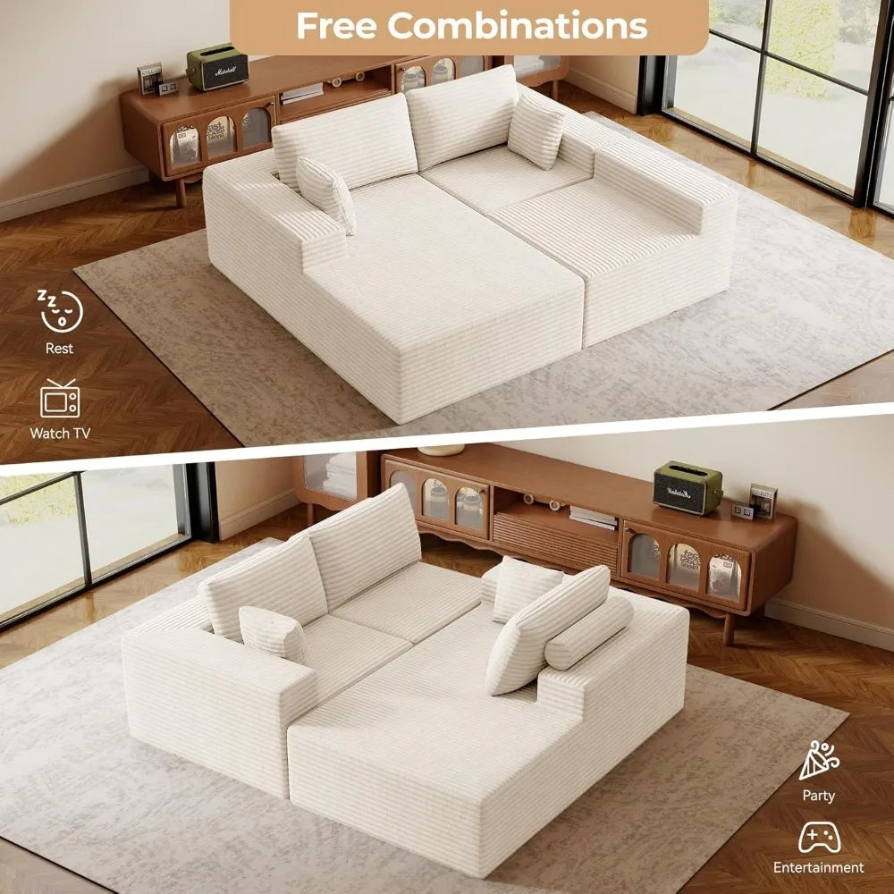 110” cloud sectional couch, boneless sofa for living room, modular sectional sofa with deep seat, comfy fluffy couch with l-shap