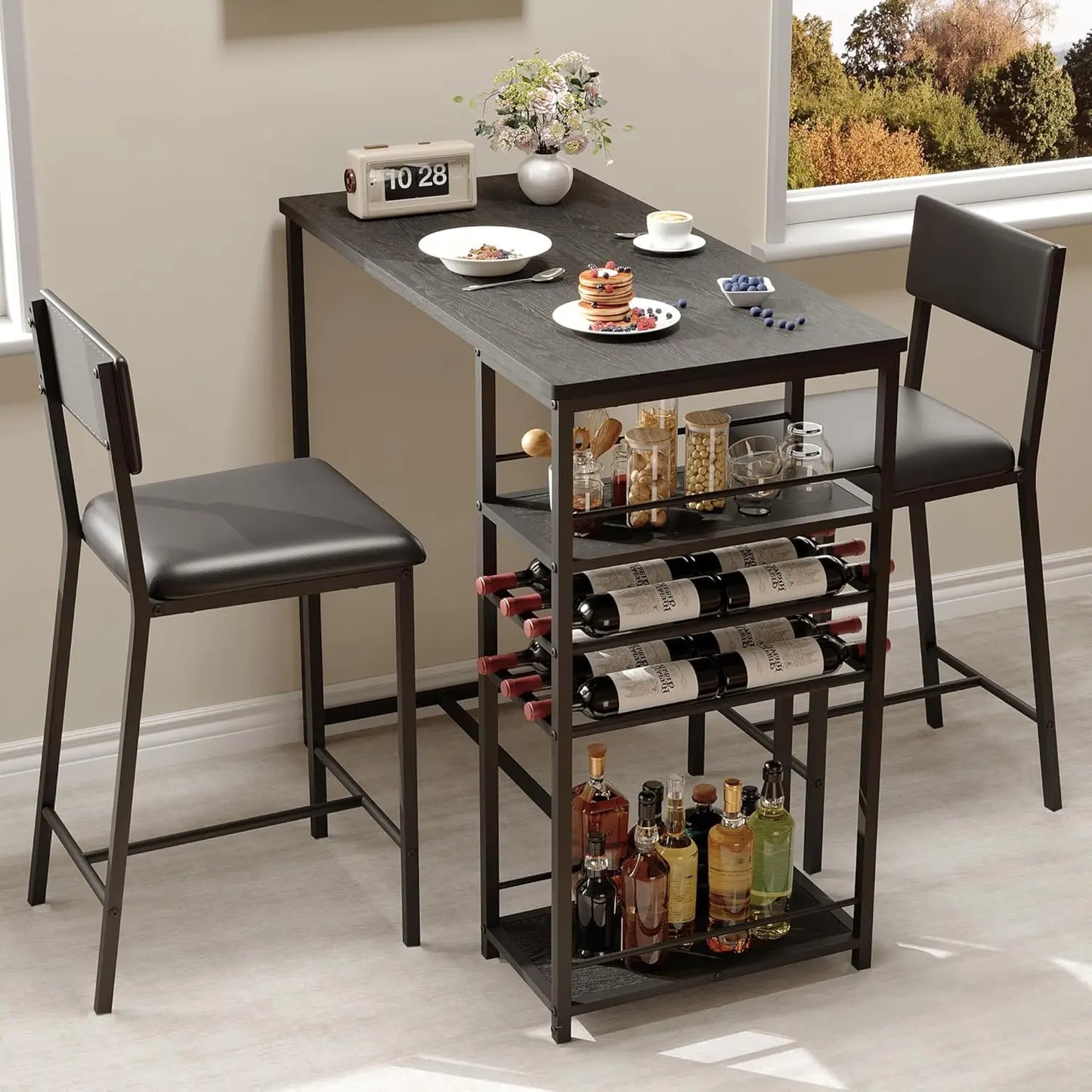 2-Person Counter Height Dining Set: Bistro Table Upholstered Chairs & Storage Shelf, Apartment Size Kitchen Table for Small