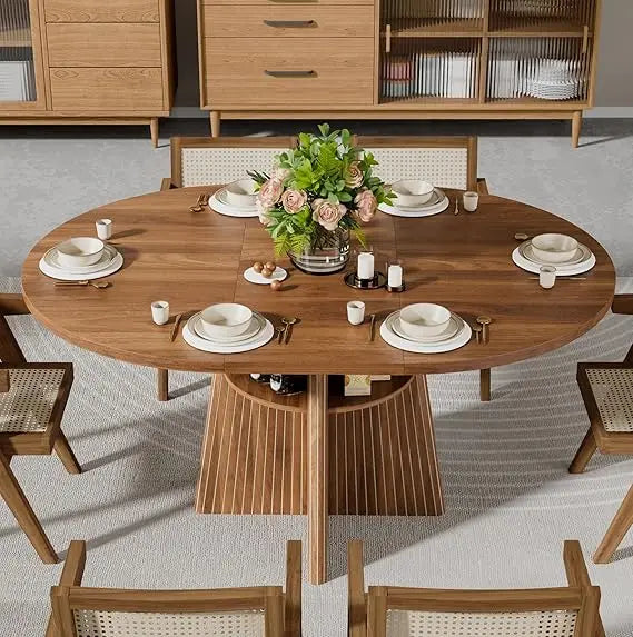 expandable round dining table for 4-8, modern oval kitchen table with fluted base