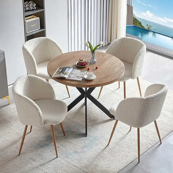 5 Pieces Dining Table Set for 4, 37-Inch Dia Round Home Kitchen Dinner Table with Thick Tabletop, 4 Seated Upholstered Arm Chair