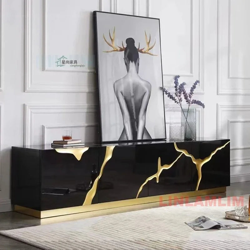 Luxury Black / White Sideboard Cabinet / TV stand with Gold Accent, High-Gloss Storage Cabinet for Living Room or Dining Room