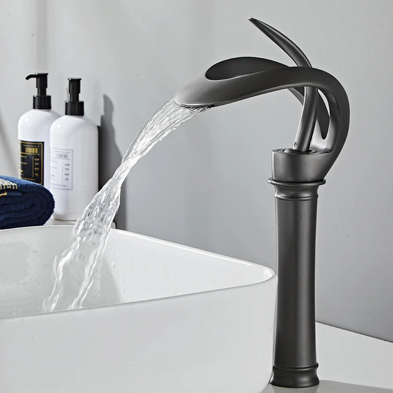 Golden/White Bathroom Basin Faucet Black Bathroom Faucet Brass Creative Grey Sink Mixer Tap Hot & Cold Waterfall Basin Faucet
