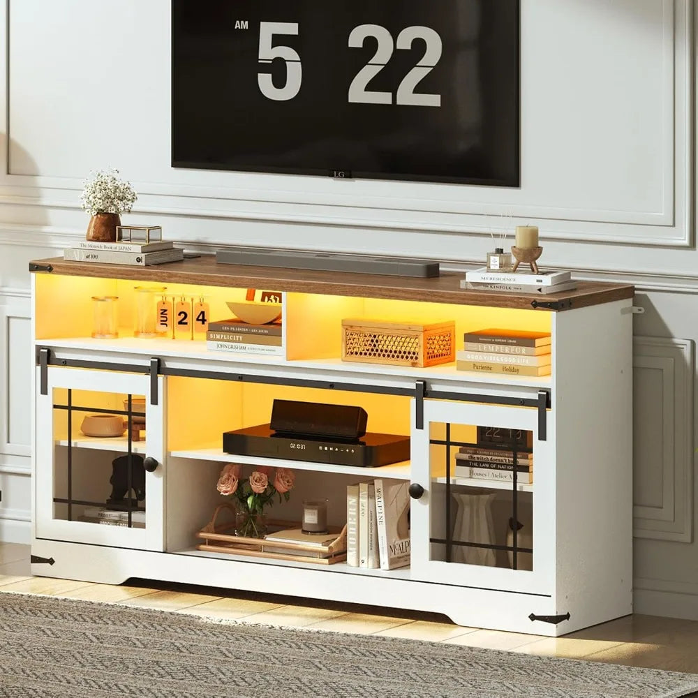 TV Stand for 65 Inch TV, Farmhouse Entertainment Center with LED Lights and Charging Station, Media Console TV Cabinet