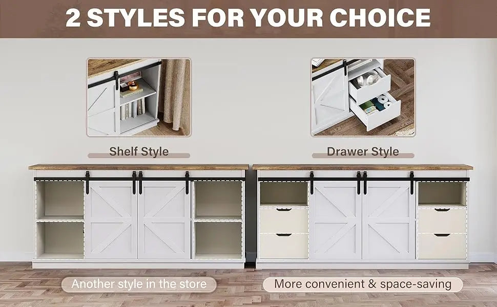 TV Stand for Televisions up to 65 Inchs, with Sliding Barn Doors and 4 Storage Drawers, Console Table and Media Furniture