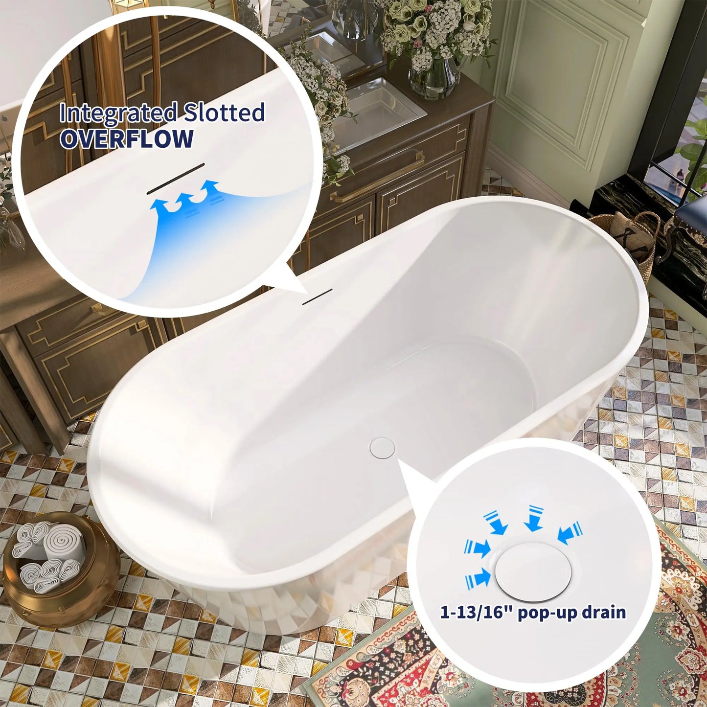 67" Acrylic Freestanding Bathtub, Soaking Tub for Bathroom, Stand Alone Tub, cUPC Certified, Integrated Overflow and Drain