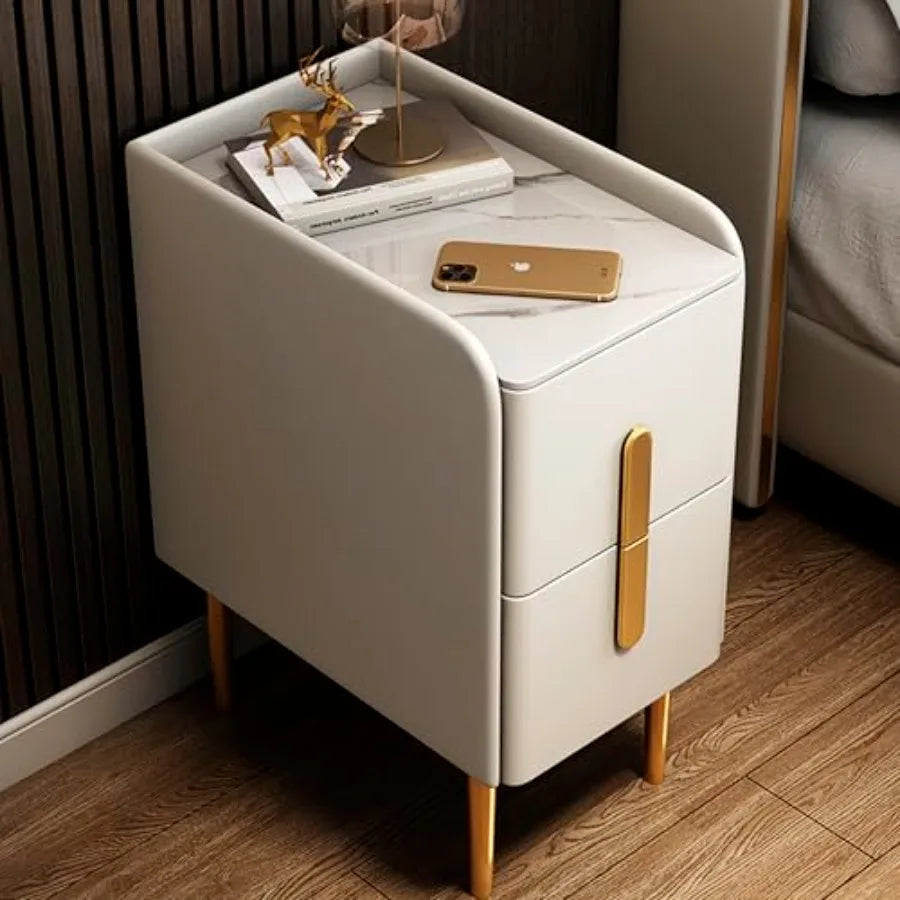 Modern rrow Nightstand Slim Skinny White Nightstand with 2 Drawers for Bedroom Small End Bedside Table Textured Faux Leather Ma