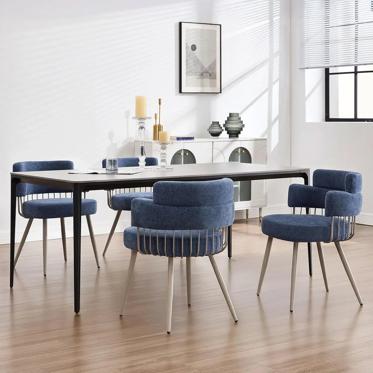 Dining Chairs Set of 4, Mid Century Upholstered Fabric Kitchen Chair w/Metal Legs, Comfy Curved Back Accent Arm Chair
