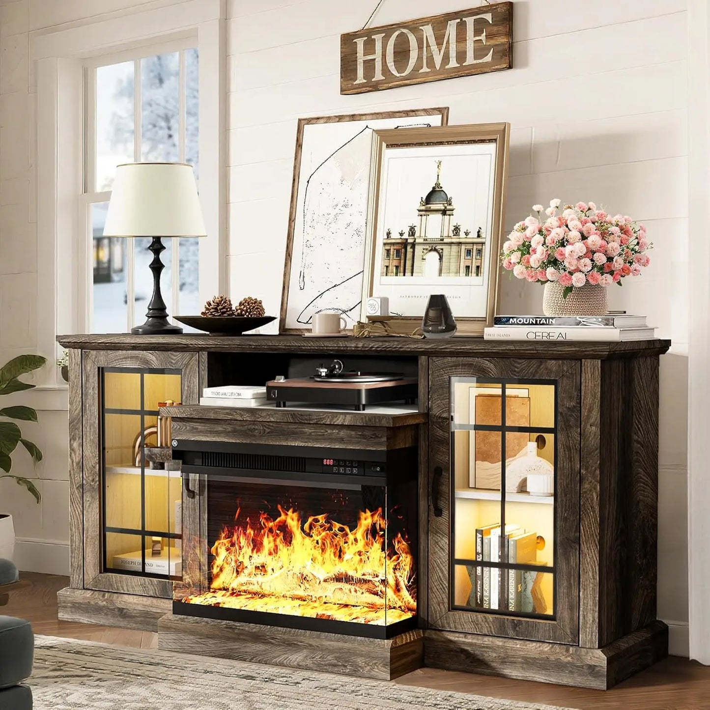 70'' Fireplace TV Stand, Farmhouse Entertainment Center with 3 Sided Glass TV Stand, Modern Media Console Table with Storage