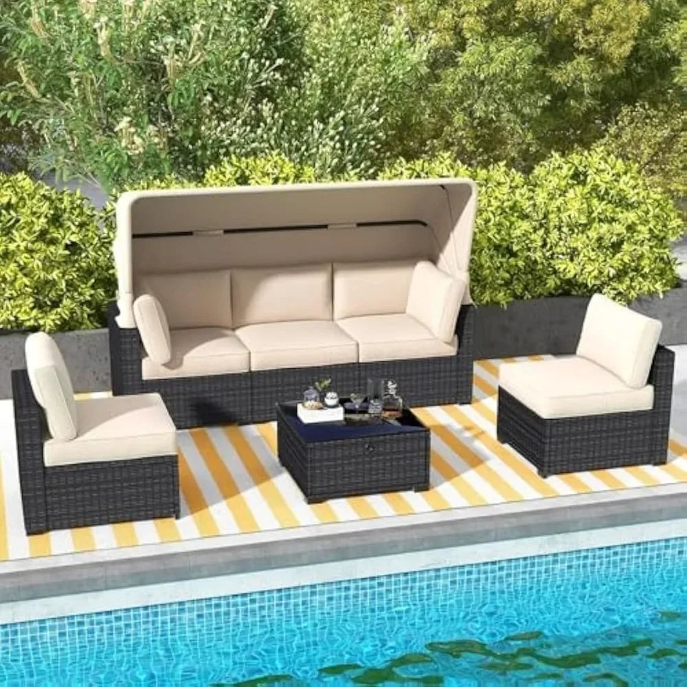6pcs Outdoor Rattan Wicker Furniture, Patio Furniture Set with Waterproof Cushions, Reinforced Glass Table, Canopy, Durable PE