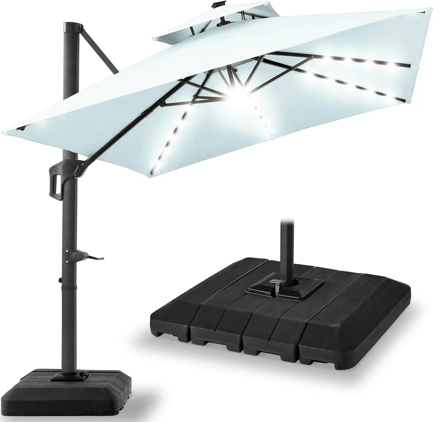 10x10ft Cantilever Patio Umbrella, w/Base Included, Solar LED Lights 360 Rotation Large Offset Hanging Outdoor Shade w/Stand