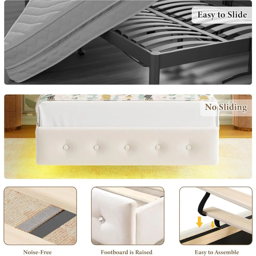 Twin Bed Frame ButterflyPattern Upholstered Headboard Modern Floating Bed with LED Lights Button Tufted on Headboard and Footbo