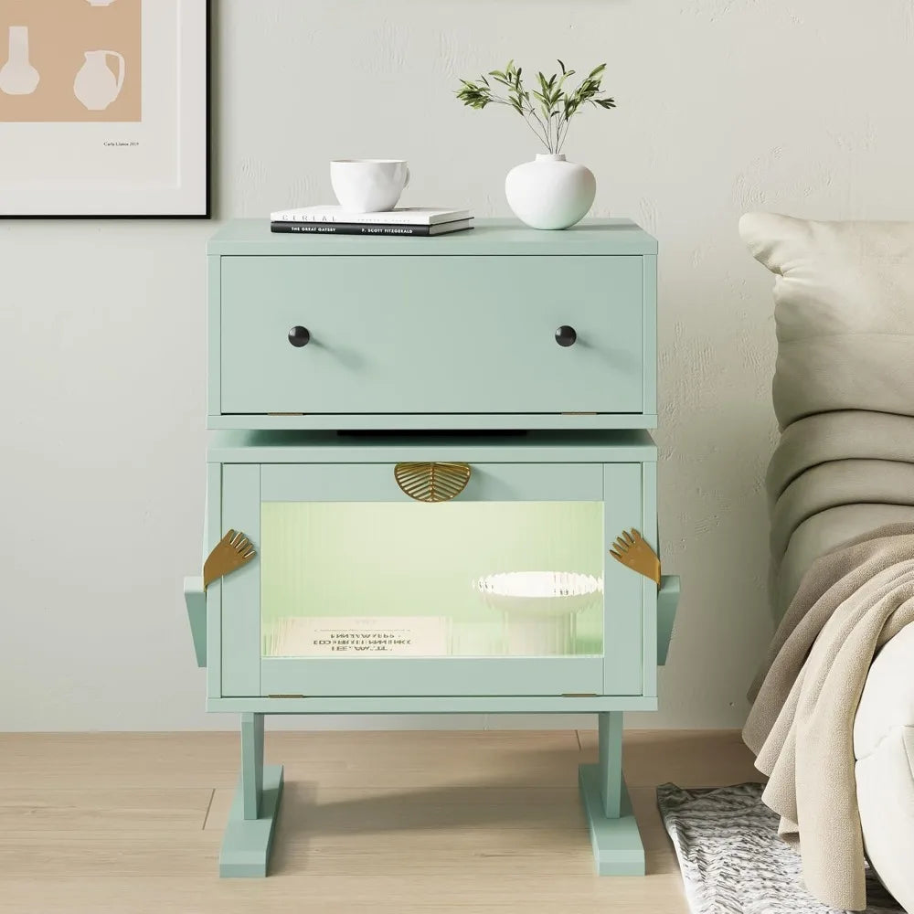 luxury royalcraft nightstand with led lighting, green rotating drawer end table, contemporary storage side table in wood
