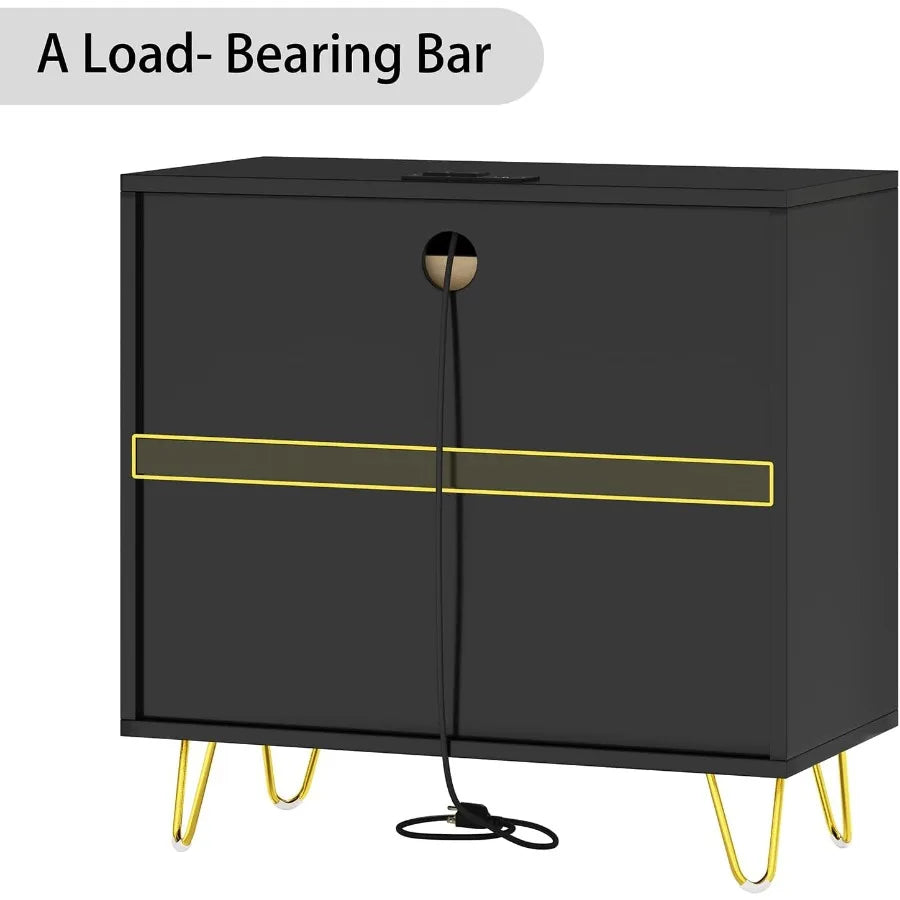 3 Drawer Wide Nightstand with Charging Station 27.6 Inch Wood Nightstand Black Dresser with Storage Drawers Bedside Table with