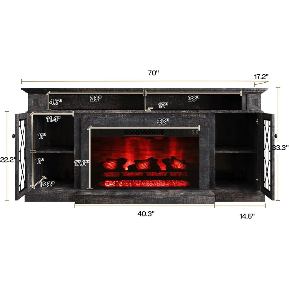 70" Fireplace TV Stand for TVs up to 80", TV Console with 33" Electric Fireplace,Modern TV Console with Storage Cabinet
