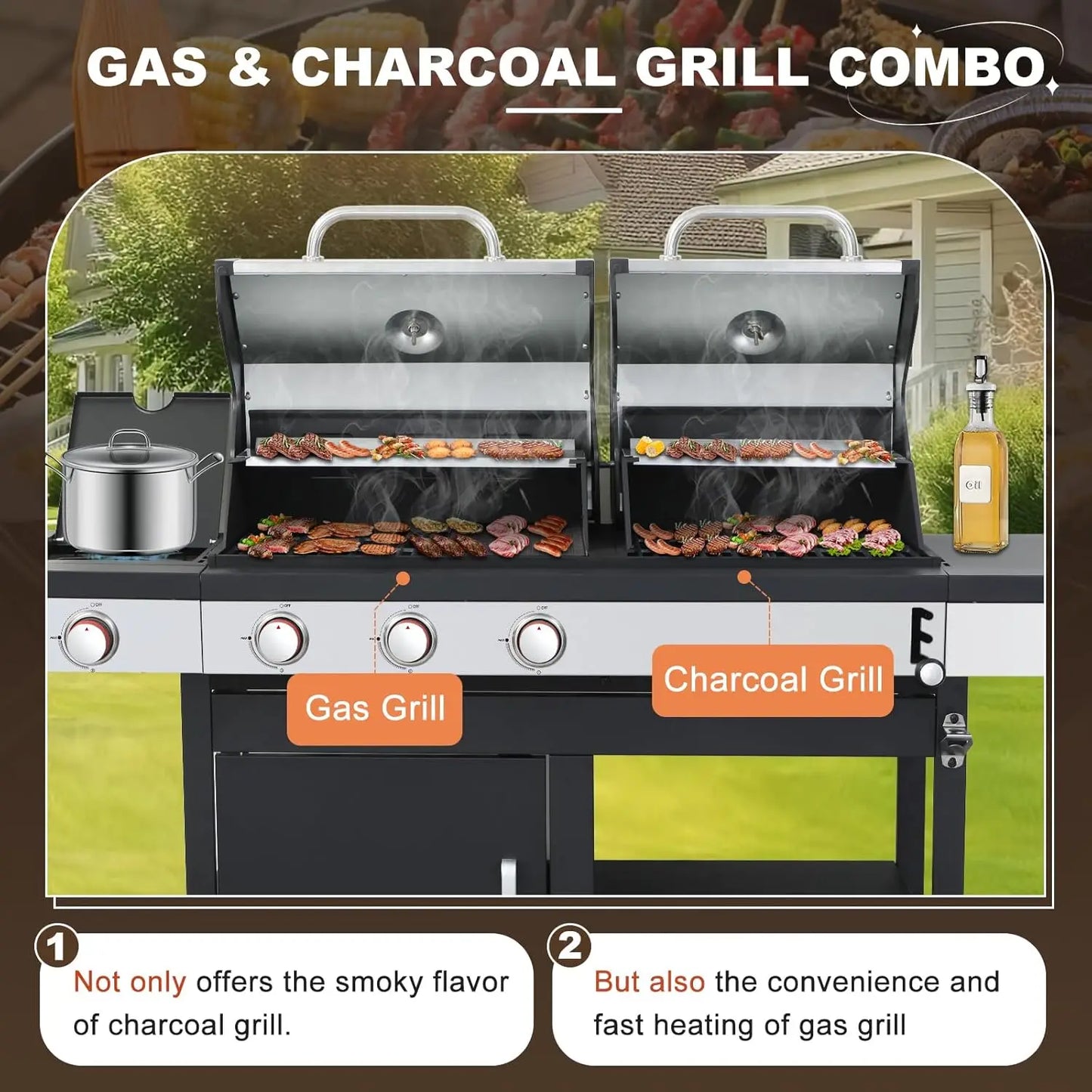 Gas and Charcoal Combo Grill with Side Burner, 37,230 BTU Outdoor BBQ Grill with Porcelain-Enameled
