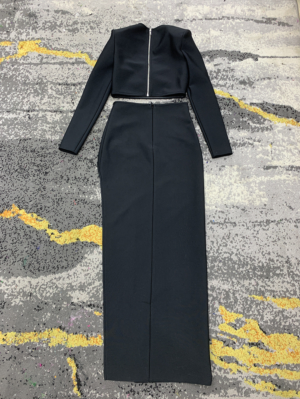 Long Sleeve Hollow Diamond Short Top Side Slit Dress