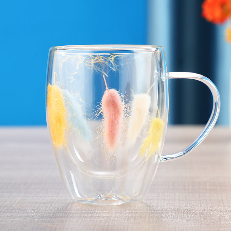 Real dried flower double wall glass cup