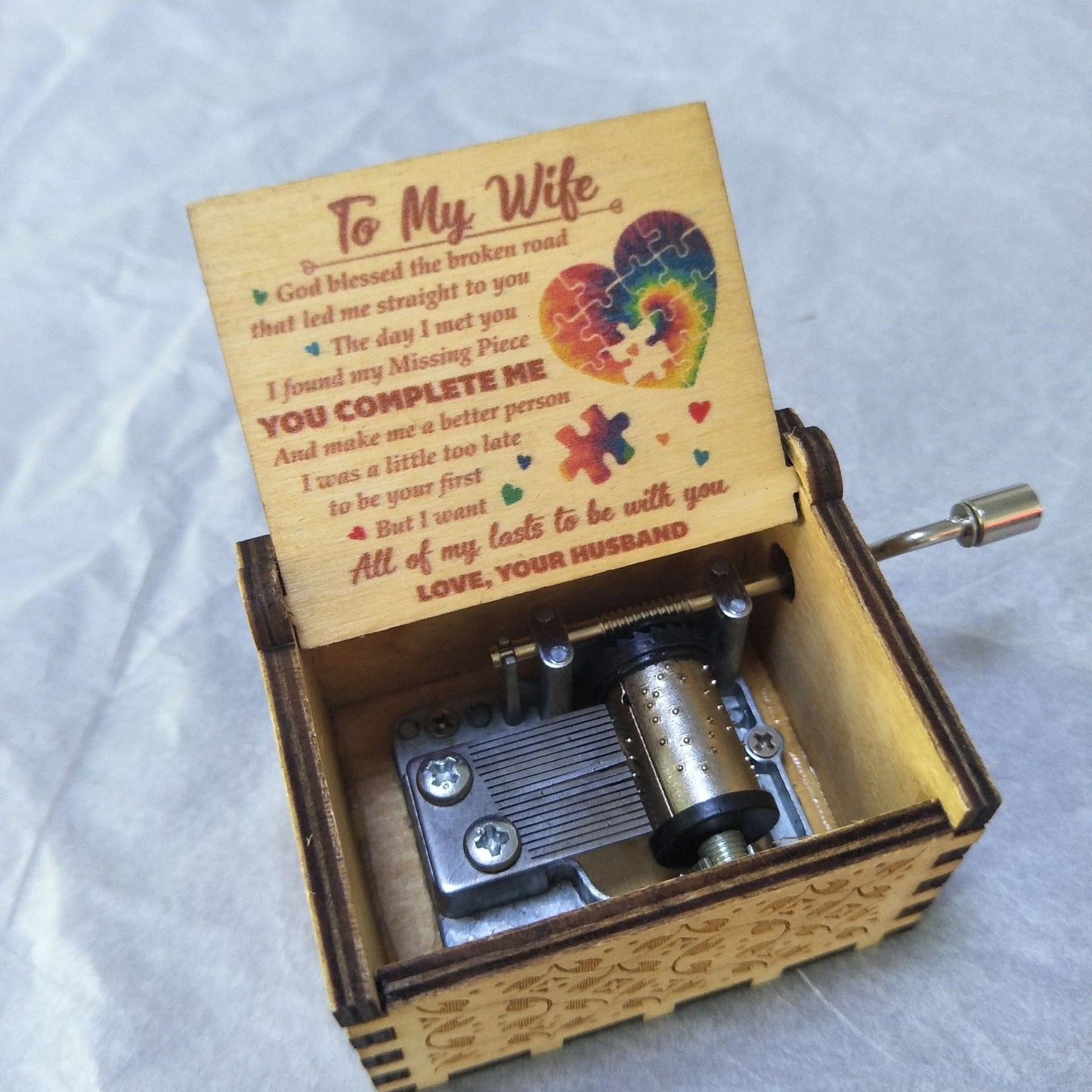Wooden music box with love card