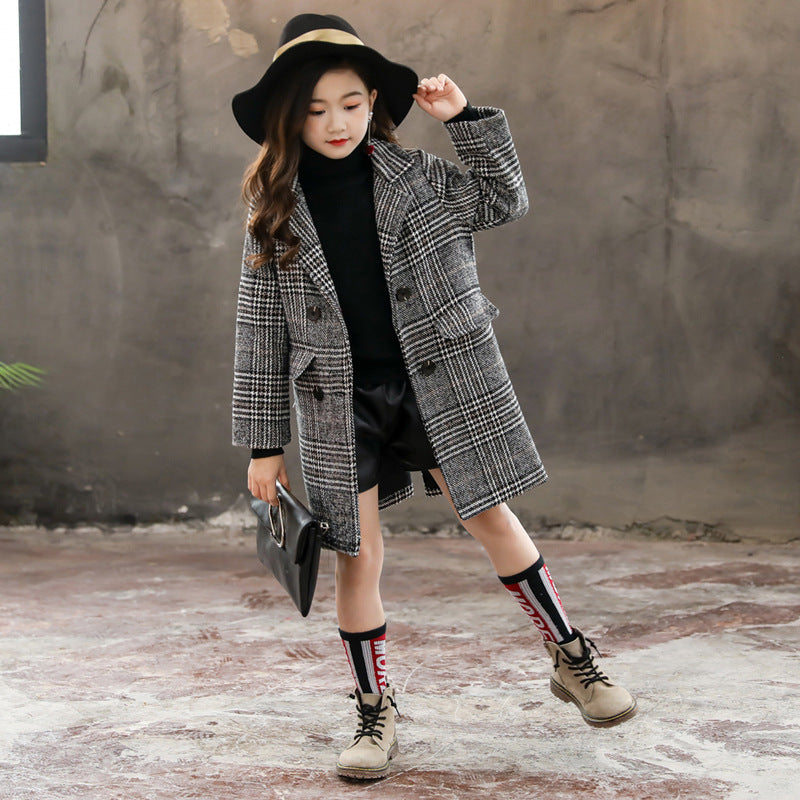 Girl gray plaid houndstooth coat for girls