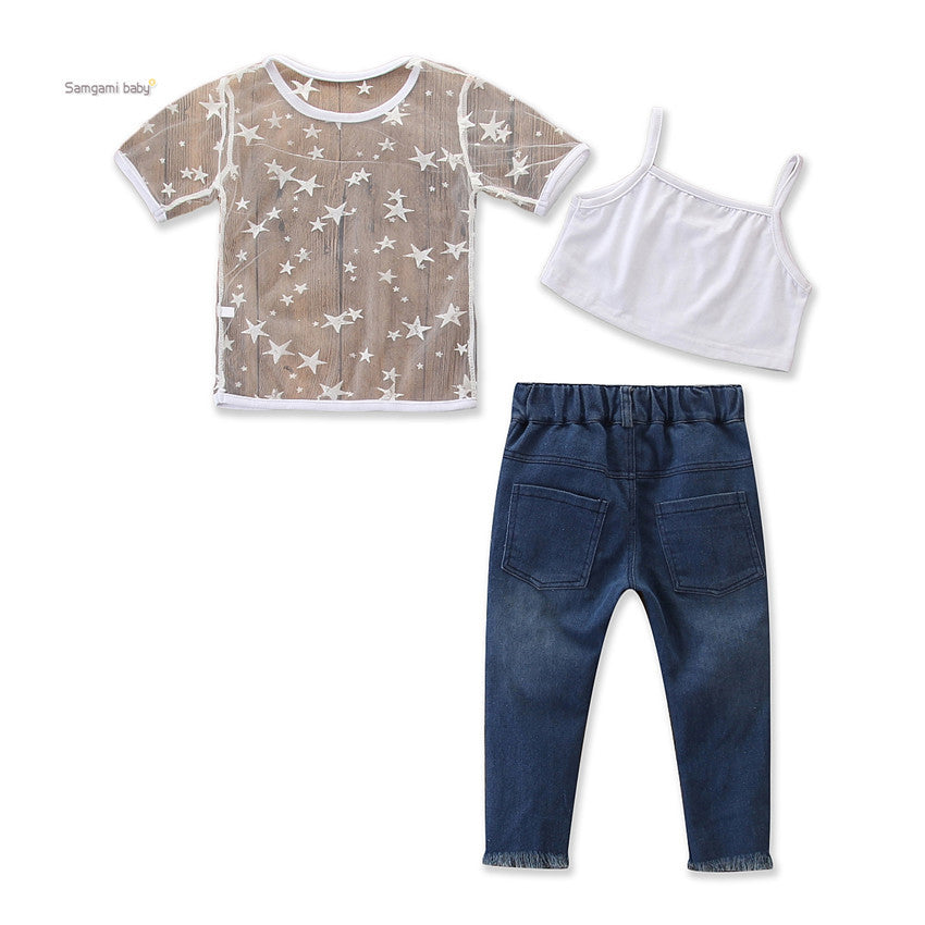 Girl Toddler Girls Short Sleeve Star T-shirt Tops Hole Denim pants pearl Jeans Girl 2pcs Clothing Set