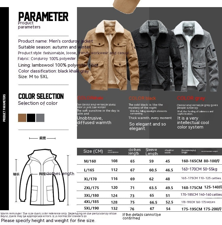 Men’s Winter coat Fashion Corduroy Korean Style Large Pocket Lambswool Velvet Padded Thickened Coat Men