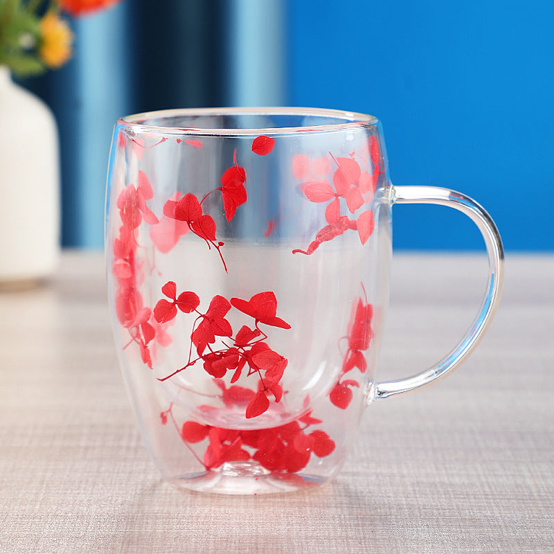 Real dried flower double wall glass cup