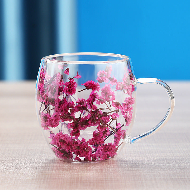 Real dried flower double wall glass cup