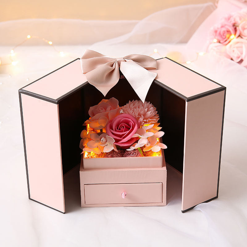 Gift box drawer with flower and leds