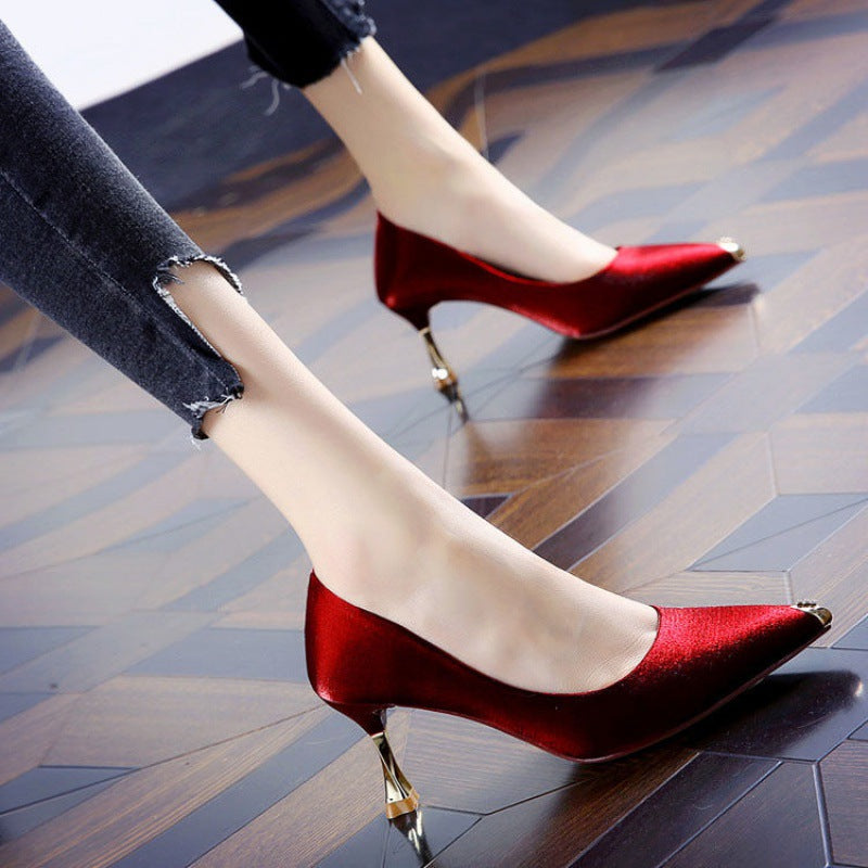 Women high heels pointed satin