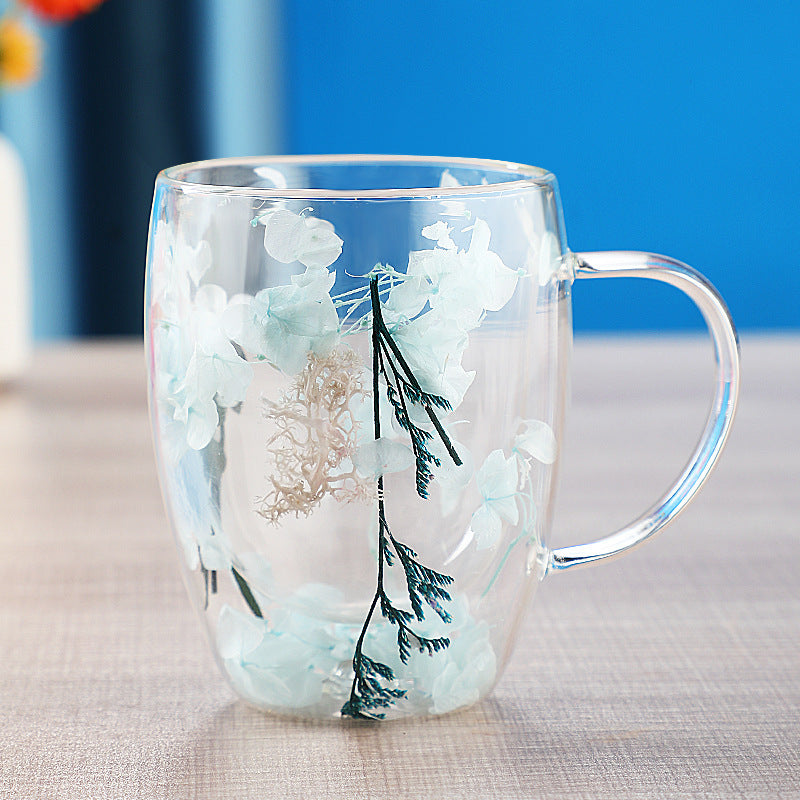 Real dried flower double wall glass cup