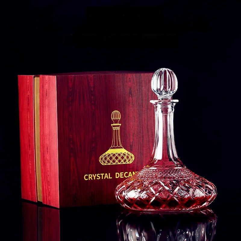 Crystal whiskey decanter in wooden gift box