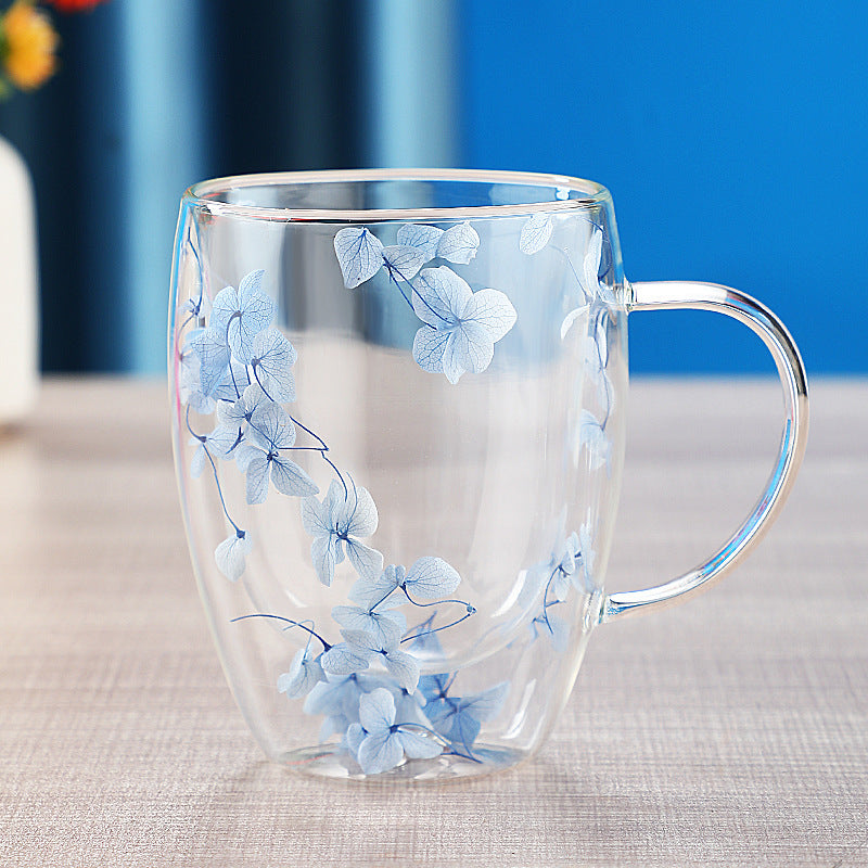 Real dried flower double wall glass cup