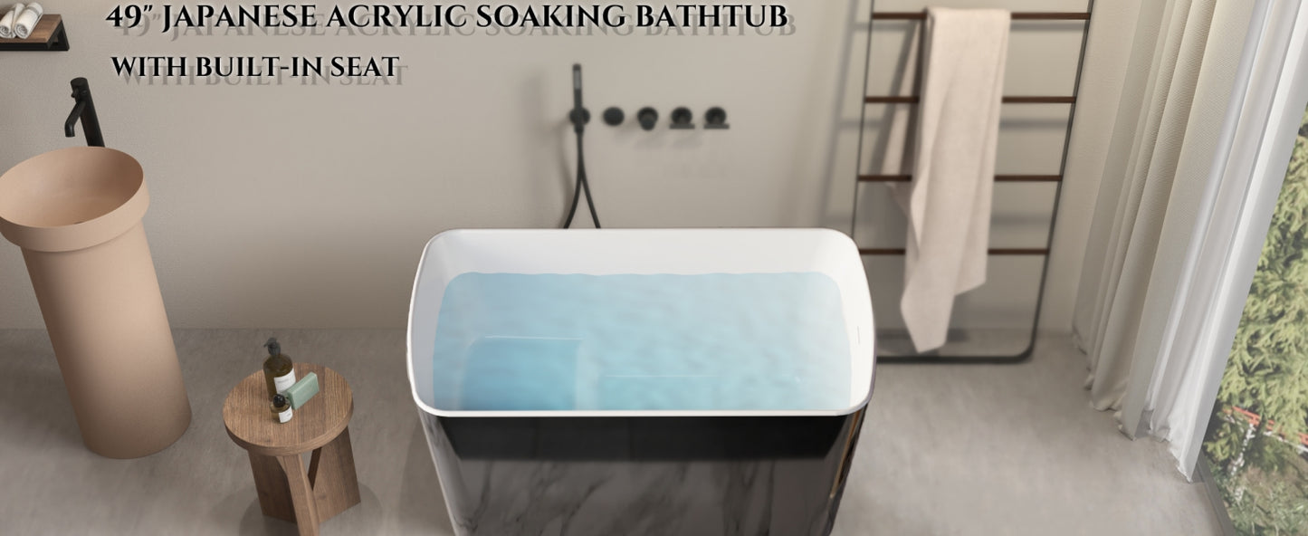 49'' Acrylic Freestanding Soaking Bathtub, Square-shape Japanese Soaking Hot Tub, Sit-In Design with Chrome Overflow