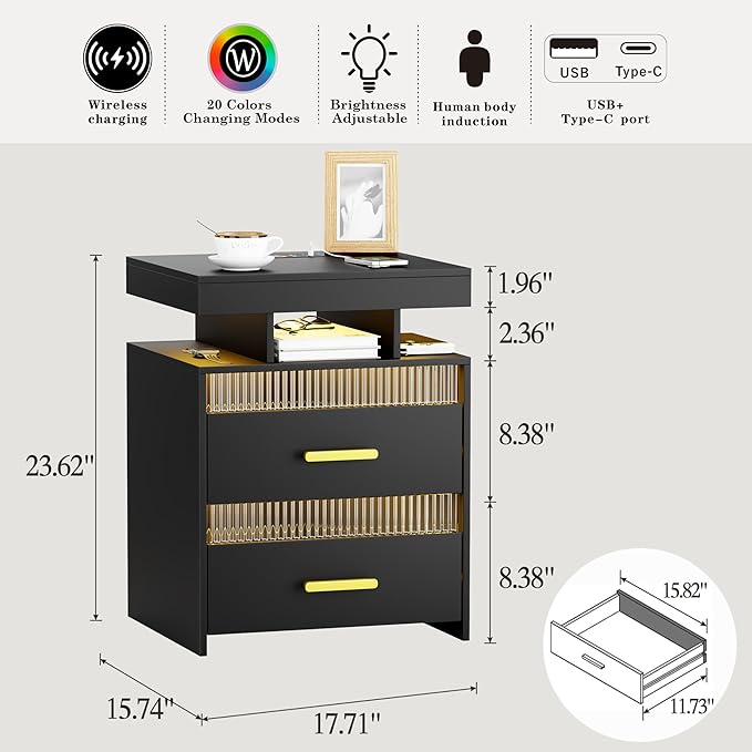 Nightstand With Charging Station And Led Lights, Night Stand With 2 Drawers, Wood Smart Bedside Table, Modern Bed Side Table
