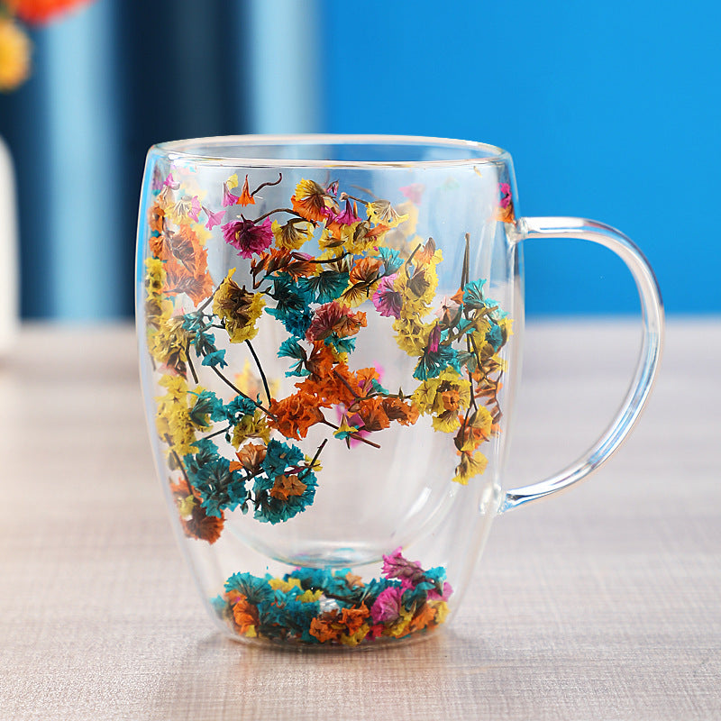 Real dried flower double wall glass cup