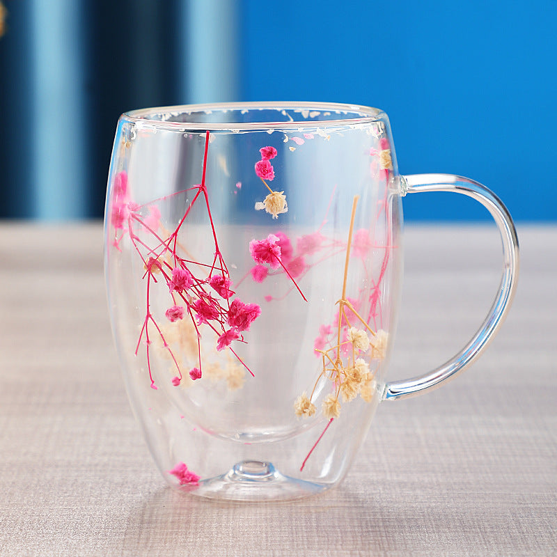 Real dried flower double wall glass cup