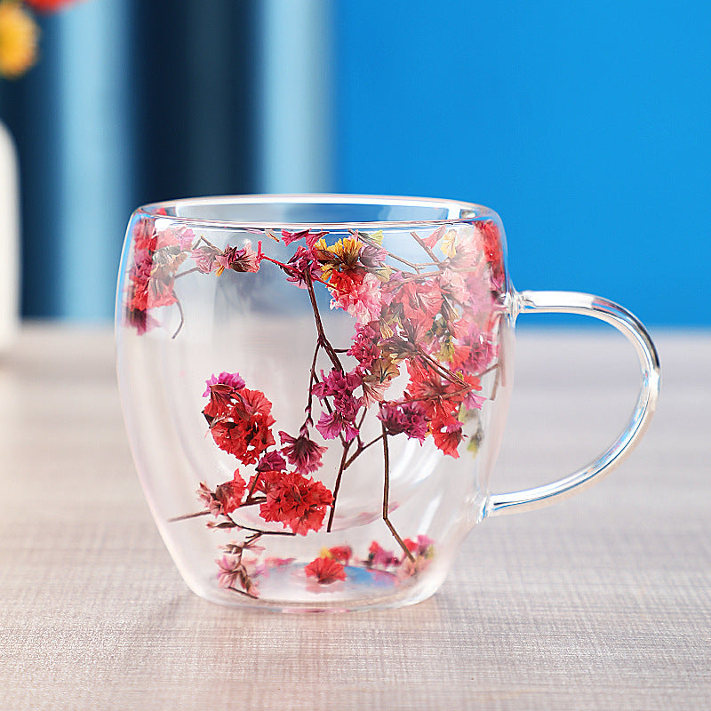 Real dried flower double wall glass cup