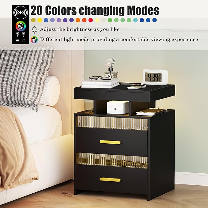 Nightstand With Charging Station And Led Lights, Night Stand With 2 Drawers, Wood Smart Bedside Table, Modern Bed Side Table