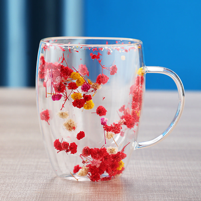 Real dried flower double wall glass cup
