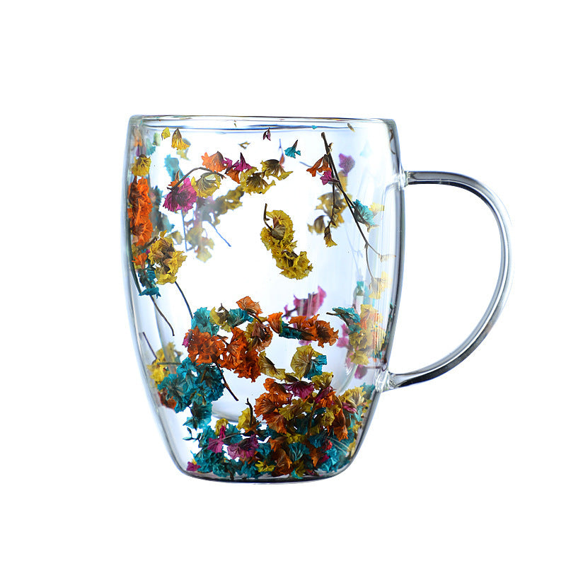 Real dried flower double wall glass cup