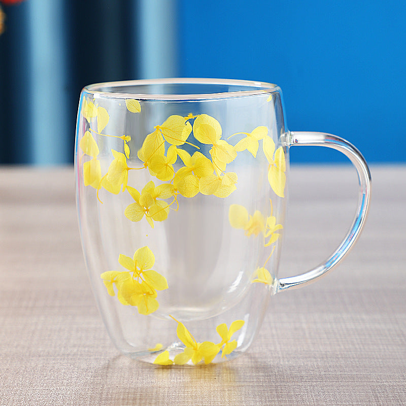Real dried flower double wall glass cup